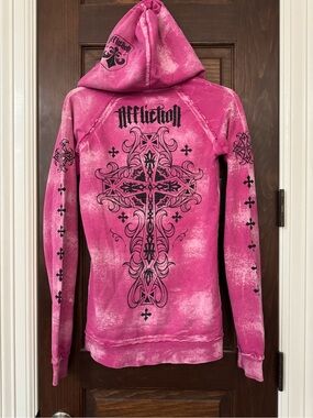 Affliction Women's Hot Pink McBling Distressed Rhinestoned Hooded Sweatshirt